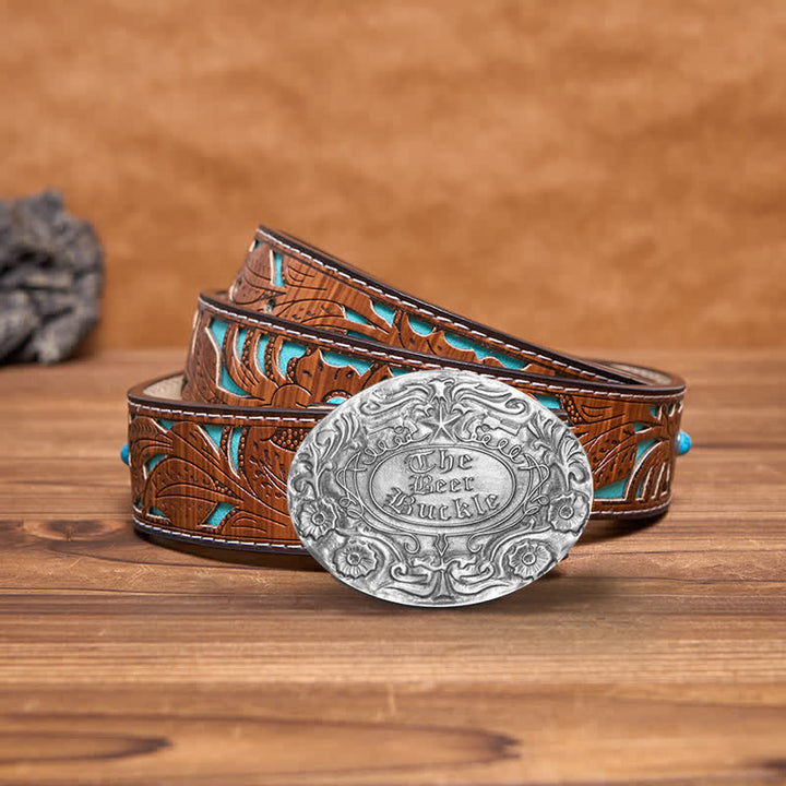 Cinturón de cuero con hebilla para hombre, con diseño creativo de flores grabadas, para llevar cerveza