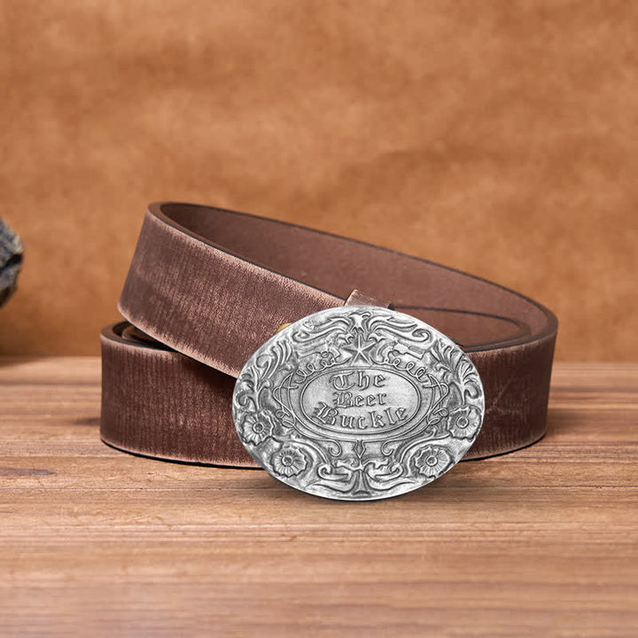 Cinturón de cuero con hebilla para hombre, con diseño creativo de flores grabadas, para llevar cerveza