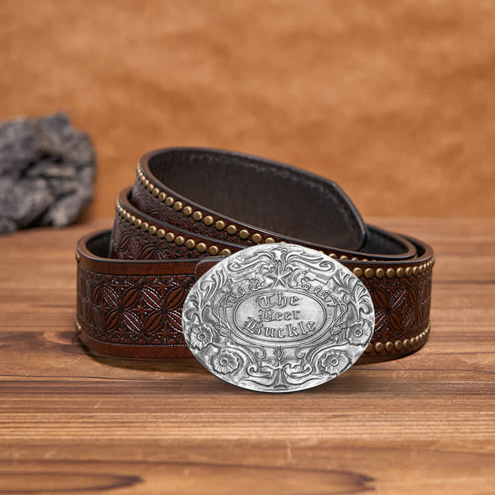 Cinturón de cuero con hebilla para hombre, con diseño creativo de flores grabadas, para llevar cerveza