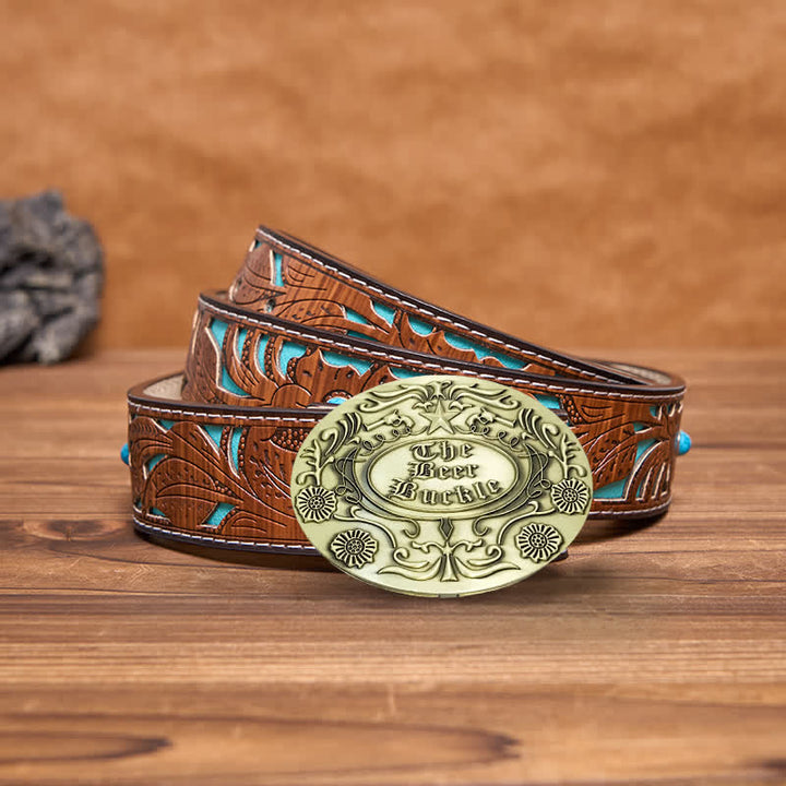 Cinturón de cuero con hebilla para hombre, con diseño creativo de flores grabadas, para llevar cerveza
