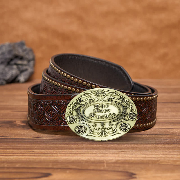 Cinturón de cuero con hebilla para hombre, con diseño creativo de flores grabadas, para llevar cerveza