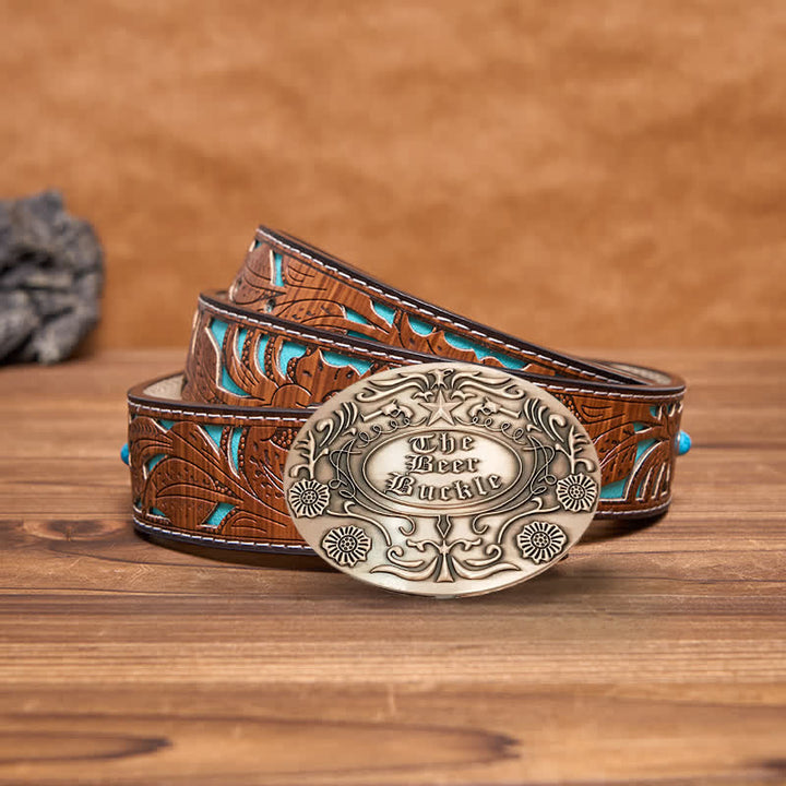 Cinturón de cuero con hebilla para hombre, con diseño creativo de flores grabadas, para llevar cerveza