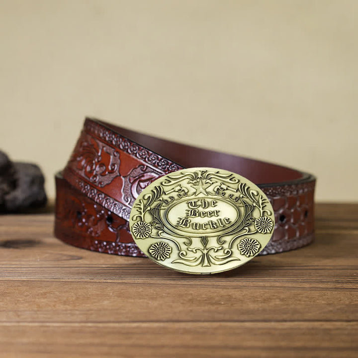 Cinturón de cuero con hebilla para hombre, con diseño creativo de flores grabadas, para llevar cerveza