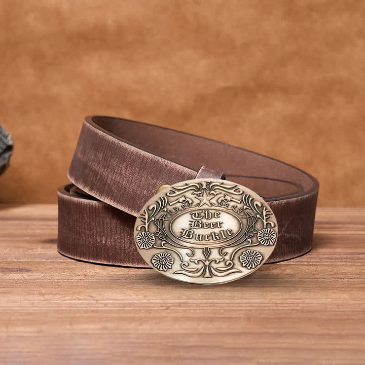 Cinturón de cuero con hebilla para hombre, con diseño creativo de flores grabadas, para llevar cerveza