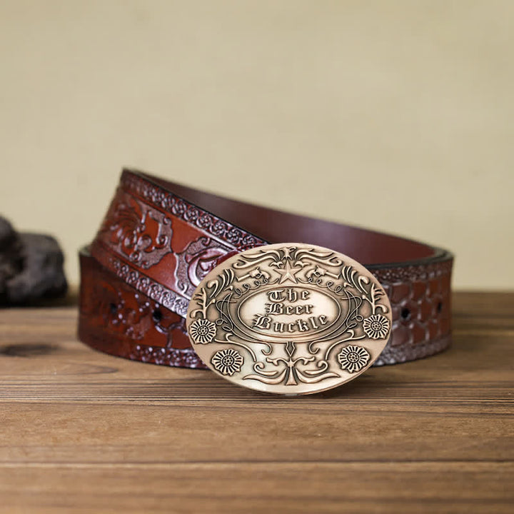 Cinturón de cuero con hebilla para hombre, con diseño creativo de flores grabadas, para llevar cerveza