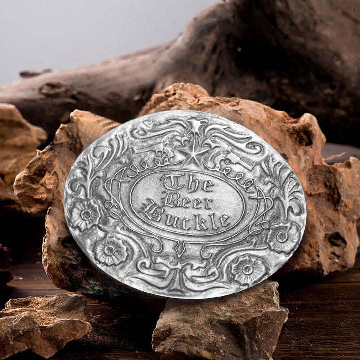 Cinturón de cuero con hebilla para hombre, con diseño creativo de flores grabadas, para llevar cerveza