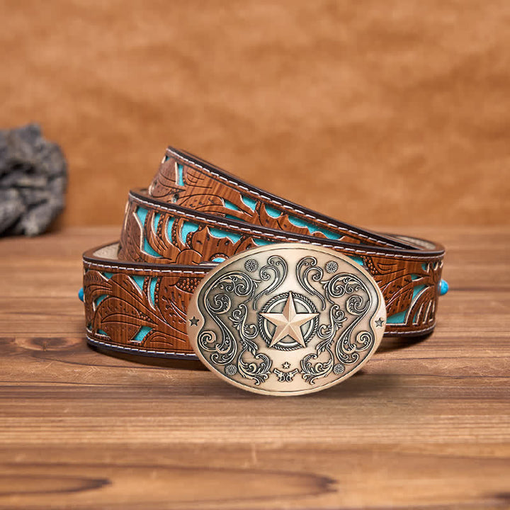 Cinturón de cuero con hebilla para hombre, con diseño creativo de estrella del oeste, para llevar cerveza