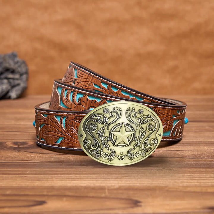 Cinturón de cuero con hebilla para hombre, con diseño creativo de estrella del oeste, para llevar cerveza