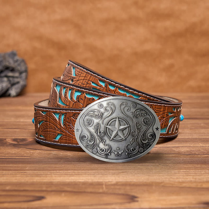Cinturón de cuero con hebilla para hombre, con diseño creativo de estrella del oeste, para llevar cerveza
