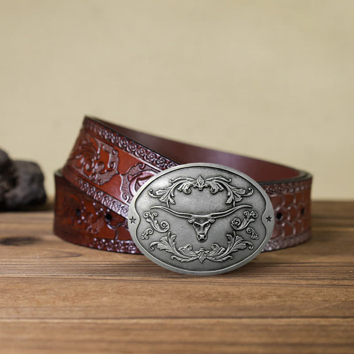 Cinturón de cuero con hebilla para hombre, con diseño creativo de toro Longhorn, para sujetar cerveza