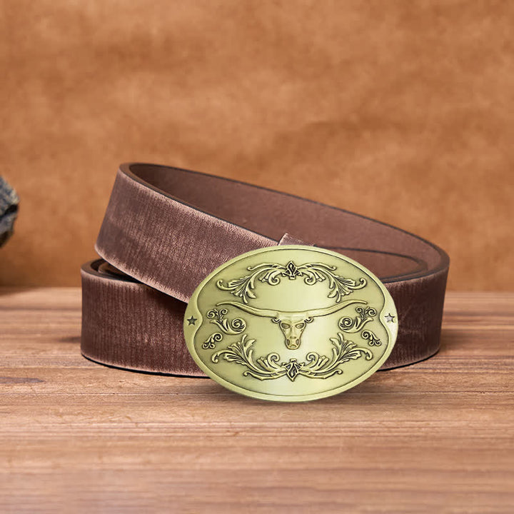 Cinturón de cuero con hebilla para hombre, con diseño creativo de toro Longhorn, para sujetar cerveza