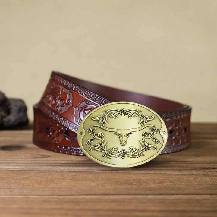 Cinturón de cuero con hebilla para hombre, con diseño creativo de toro Longhorn, para sujetar cerveza
