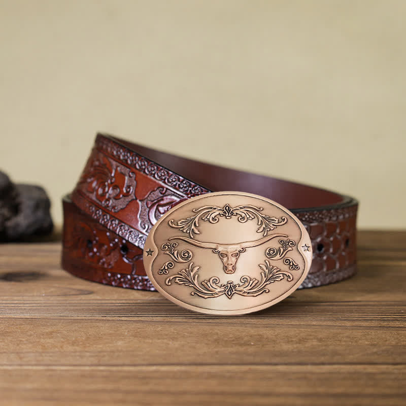 Cinturón de cuero con hebilla para hombre, con diseño creativo de toro Longhorn, para sujetar cerveza