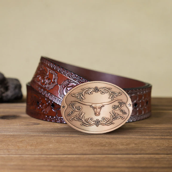 Cinturón de cuero con hebilla para hombre, con diseño creativo de toro Longhorn, para sujetar cerveza