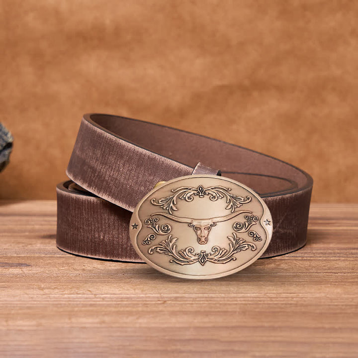Cinturón de cuero con hebilla para hombre, con diseño creativo de toro Longhorn, para sujetar cerveza