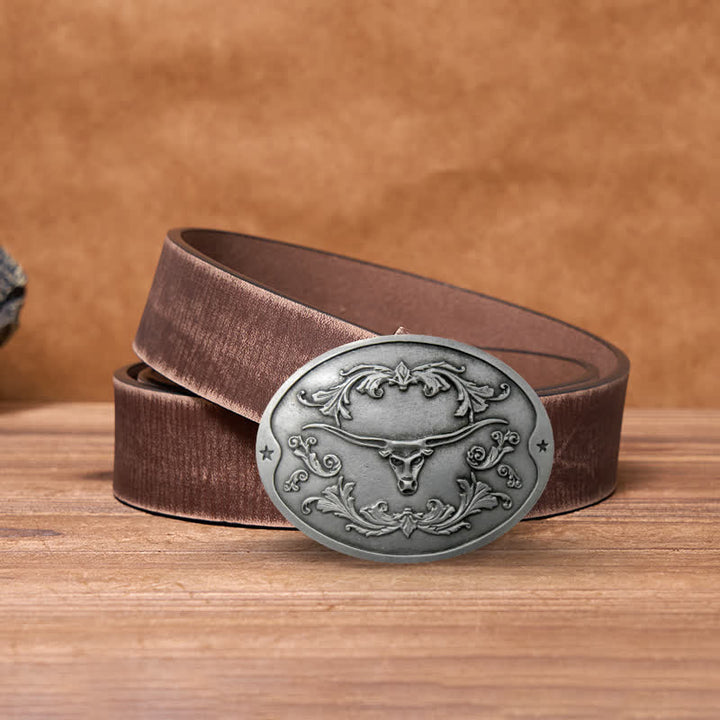 Cinturón de cuero con hebilla para hombre, con diseño creativo de toro Longhorn, para sujetar cerveza