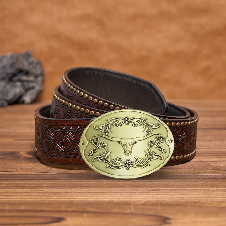 Cinturón de cuero con hebilla para hombre, con diseño creativo de toro Longhorn, para sujetar cerveza