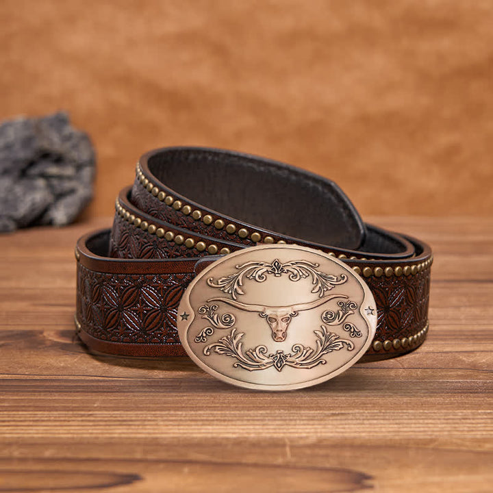 Cinturón de cuero con hebilla para hombre, con diseño creativo de toro Longhorn, para sujetar cerveza