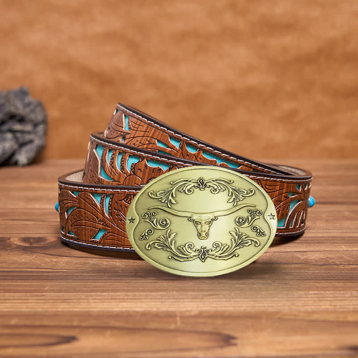 Cinturón de cuero con hebilla para hombre, con diseño creativo de toro Longhorn, para sujetar cerveza