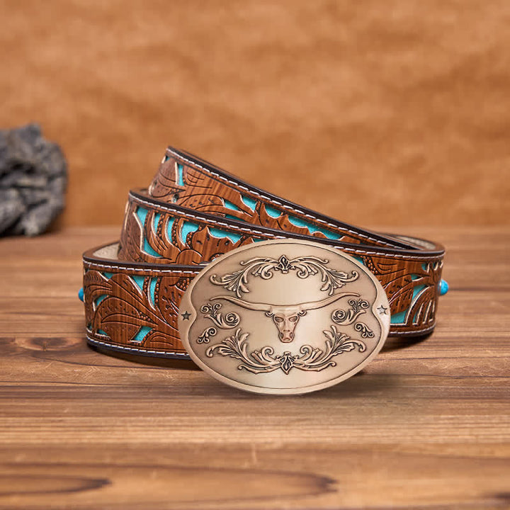 Cinturón de cuero con hebilla para hombre, con diseño creativo de toro Longhorn, para sujetar cerveza