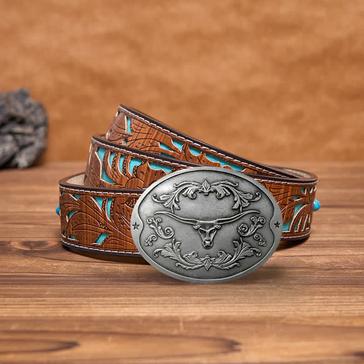 Cinturón de cuero con hebilla para hombre, con diseño creativo de toro Longhorn, para sujetar cerveza