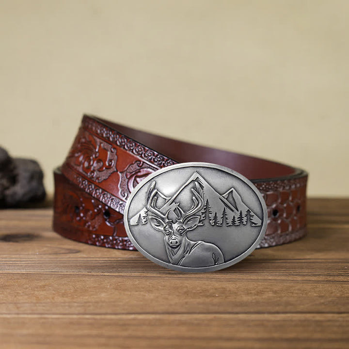 Cinturón de cuero con hebilla para hombre, con diseño creativo de ciervo tallado a mano