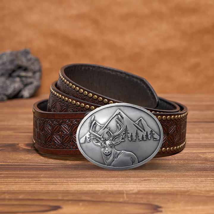 Cinturón de cuero con hebilla para hombre, con diseño creativo de ciervo tallado a mano