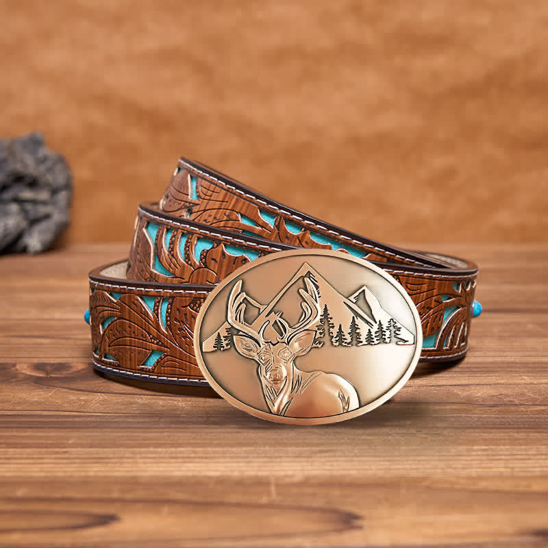 Cinturón de cuero con hebilla para hombre, con diseño creativo de ciervo tallado a mano