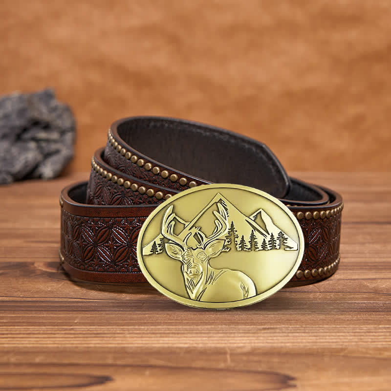 Cinturón de cuero con hebilla para hombre, con diseño creativo de ciervo tallado a mano
