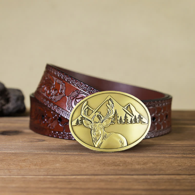 Cinturón de cuero con hebilla para hombre, con diseño creativo de ciervo tallado a mano