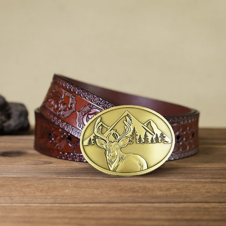 Cinturón de cuero con hebilla para hombre, con diseño creativo de ciervo tallado a mano