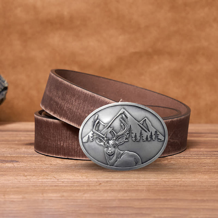 Cinturón de cuero con hebilla para hombre, con diseño creativo de ciervo tallado a mano