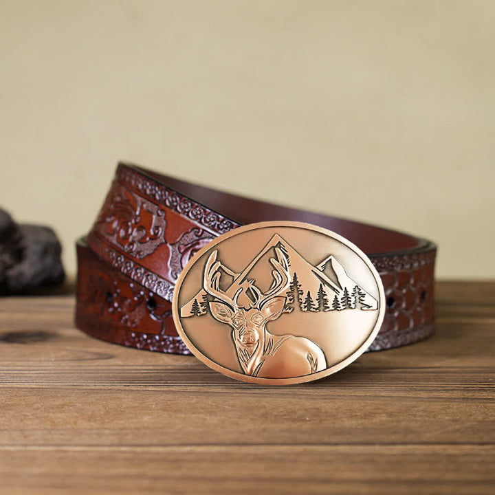 Cinturón de cuero con hebilla para hombre, con diseño creativo de ciervo tallado a mano