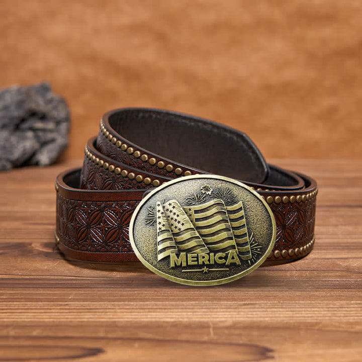 Cinturón de cuero con hebilla estilo Texas con bandera de los nativos americanos para hombre