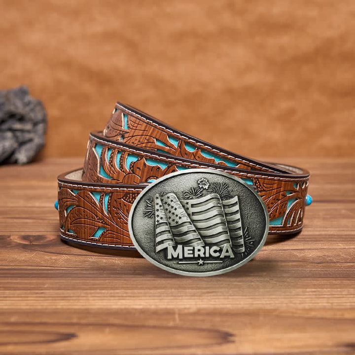 Cinturón de cuero con hebilla estilo Texas con bandera de los nativos americanos para hombre
