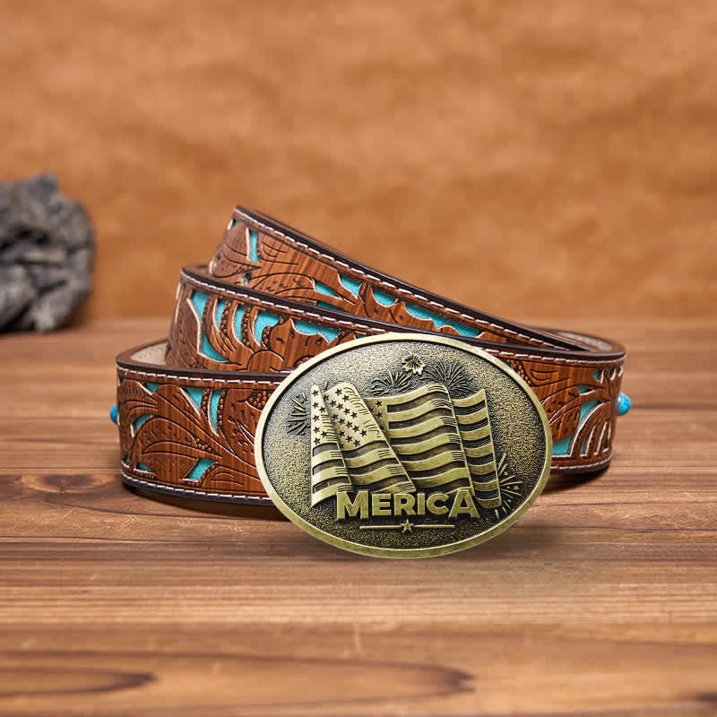 Cinturón de cuero con hebilla estilo Texas con bandera de los nativos americanos para hombre