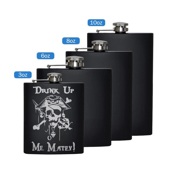 Botella portátil de acero inoxidable con diseño de calavera pirata de 2 a 10 oz con estampado láser
