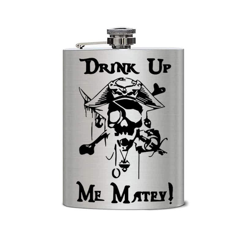 Botella portátil de acero inoxidable con diseño de calavera pirata de 2 a 10 oz con estampado láser