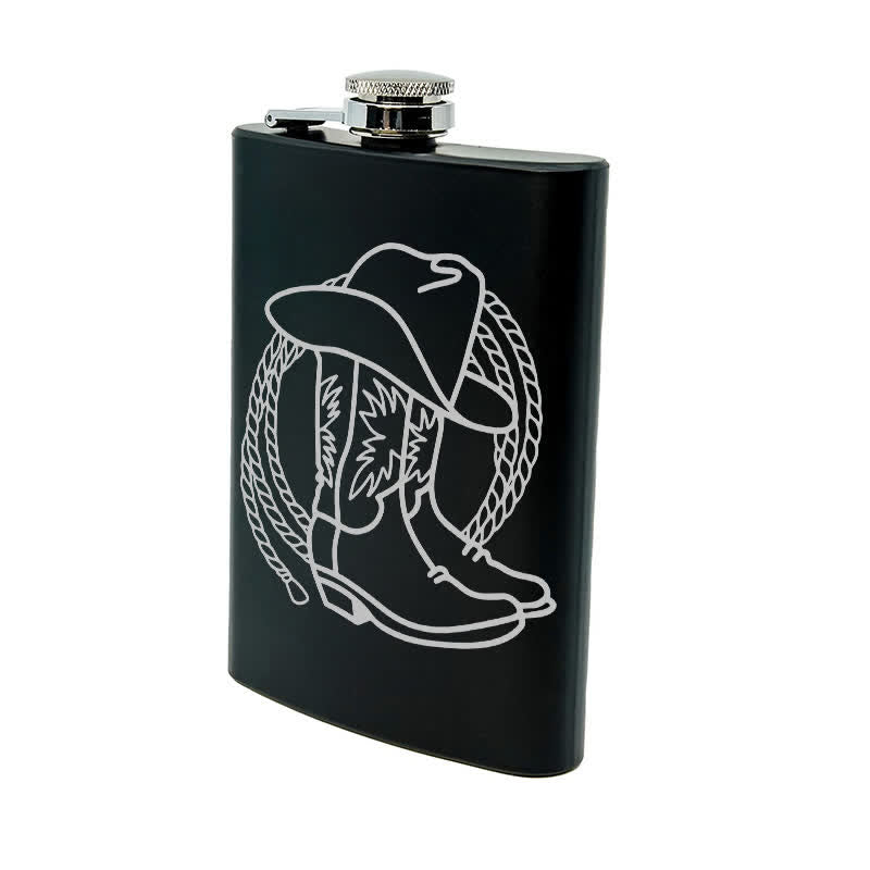 Botella portátil de acero inoxidable con diseño de láser y diseño de sombrero de vaquero y botas de 2 a 10 oz