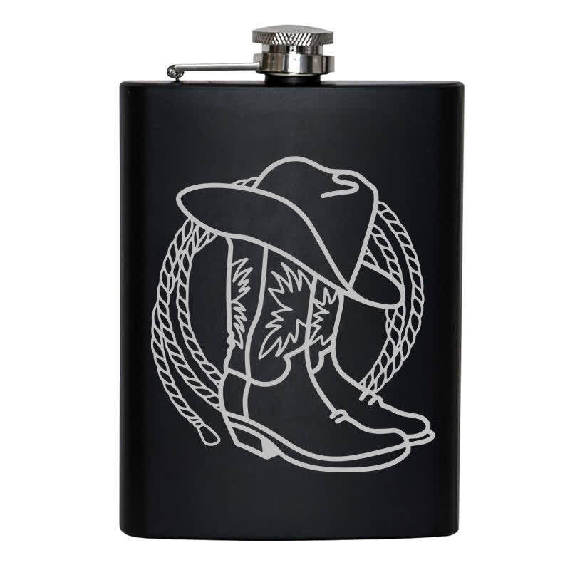Botella portátil de acero inoxidable con diseño de láser y diseño de sombrero de vaquero y botas de 2 a 10 oz
