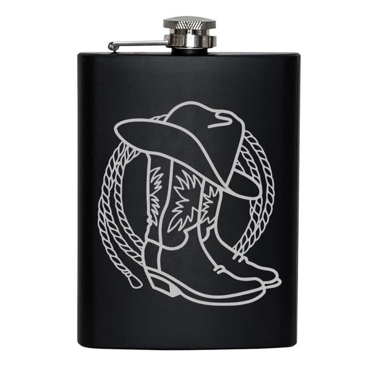 Botella portátil de acero inoxidable con diseño de láser y diseño de sombrero de vaquero y botas de 2 a 10 oz