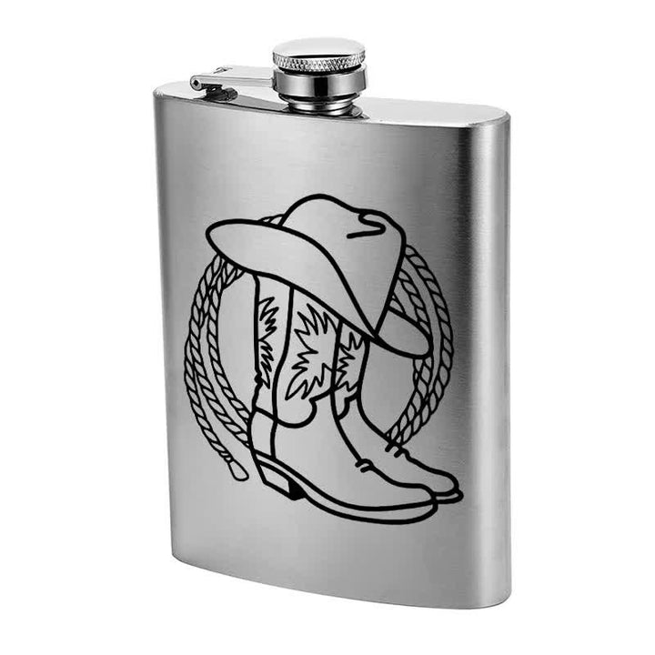 Botella portátil de acero inoxidable con diseño de láser y diseño de sombrero de vaquero y botas de 2 a 10 oz