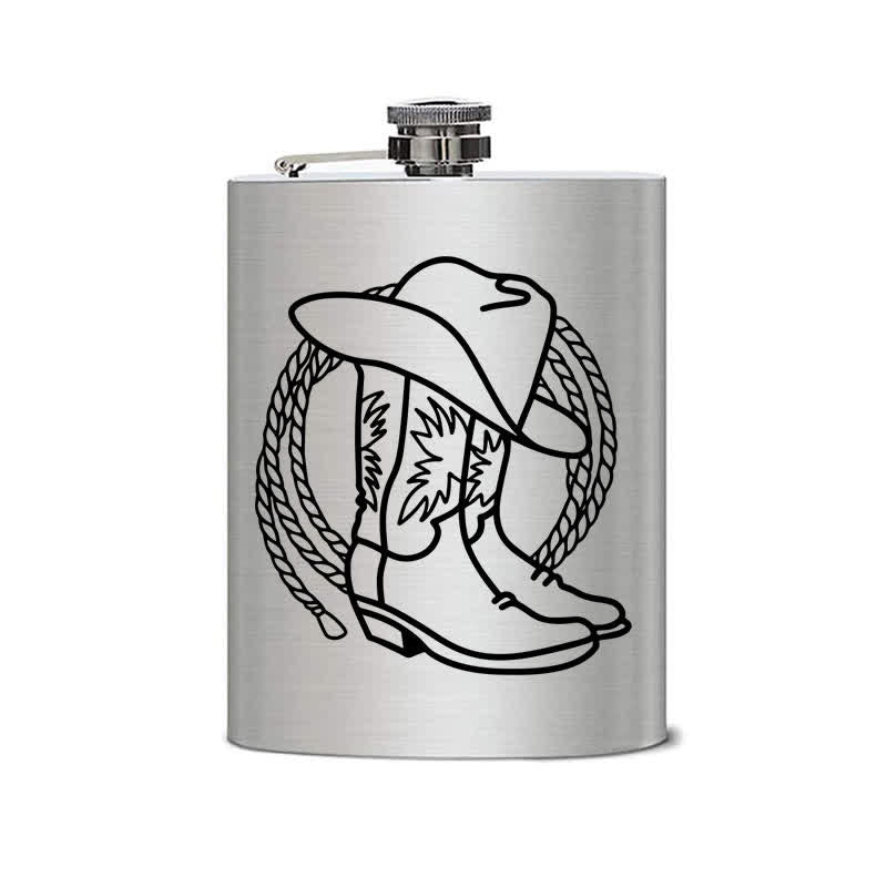 Botella portátil de acero inoxidable con diseño de láser y diseño de sombrero de vaquero y botas de 2 a 10 oz