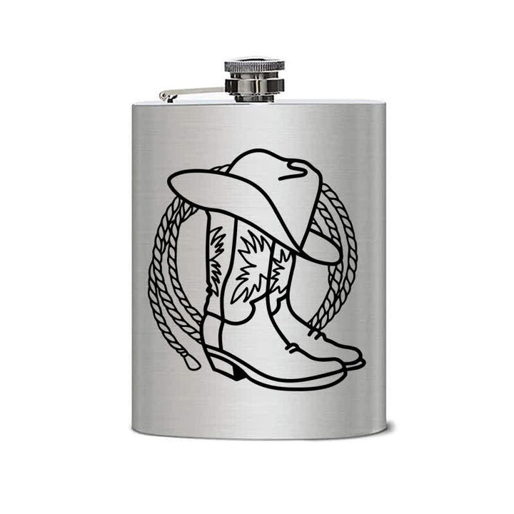 Botella portátil de acero inoxidable con diseño de láser y diseño de sombrero de vaquero y botas de 2 a 10 oz