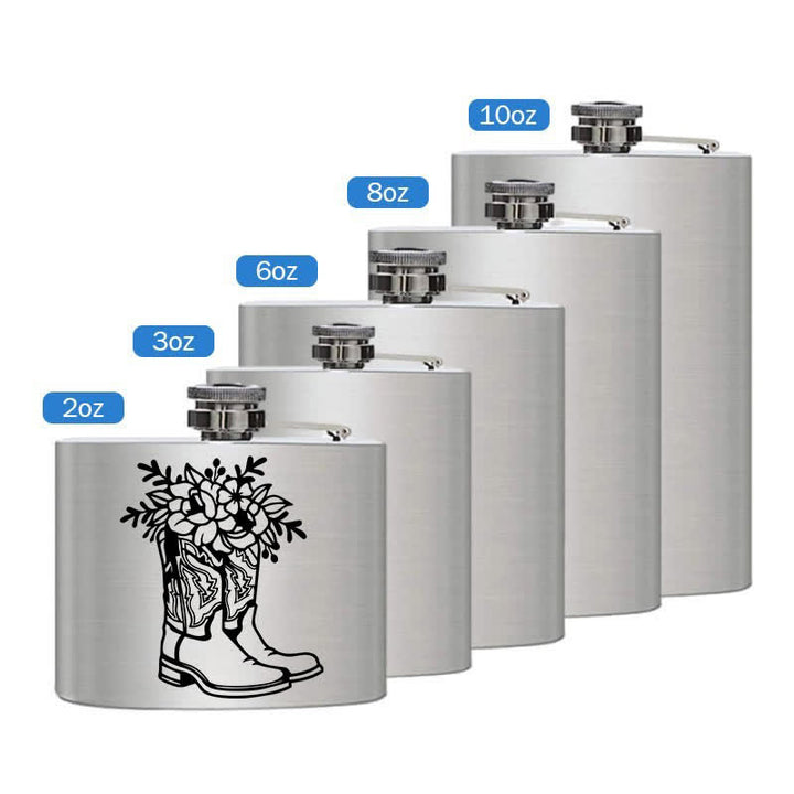 Botella portátil de acero inoxidable con estampado láser de flores y botas de 2 a 10 oz