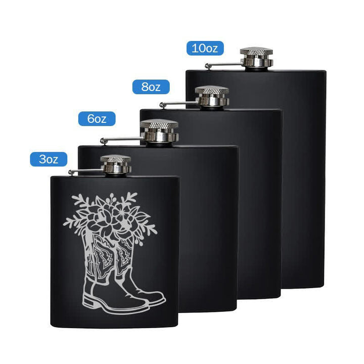 Botella portátil de acero inoxidable con estampado láser de flores y botas de 2 a 10 oz