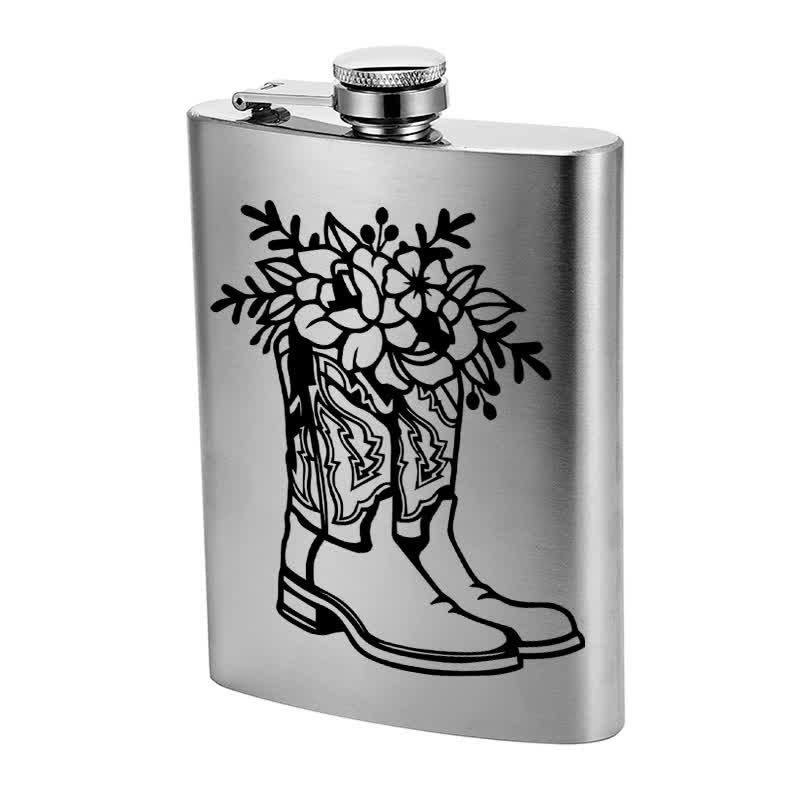 Botella portátil de acero inoxidable con estampado láser de flores y botas de 2 a 10 oz