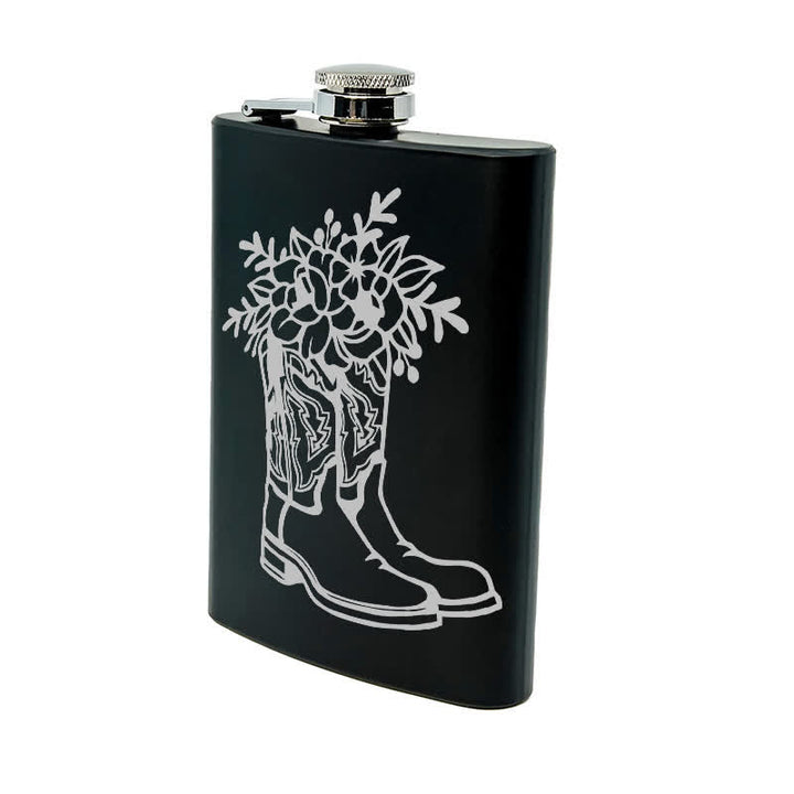 Botella portátil de acero inoxidable con estampado láser de flores y botas de 2 a 10 oz