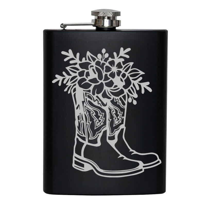 Botella portátil de acero inoxidable con estampado láser de flores y botas de 2 a 10 oz
