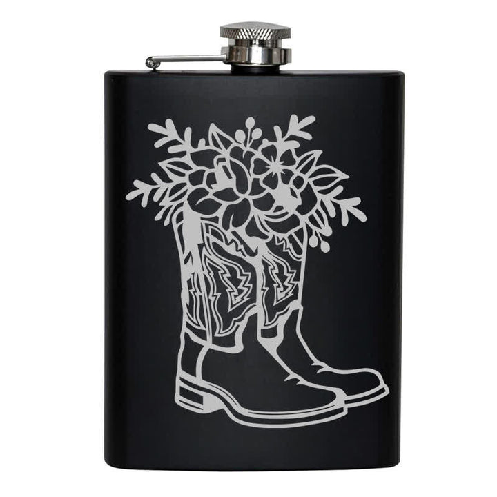 Botella portátil de acero inoxidable con estampado láser de flores y botas de 2 a 10 oz